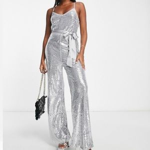 ASOS NWT Wide Leg Sequin Silver Jumpsuit 🪩